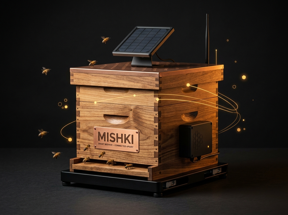 Render de la colmena sensorizada Mishki Pro con panel solar, antena LoRa y base con celdas de carga
